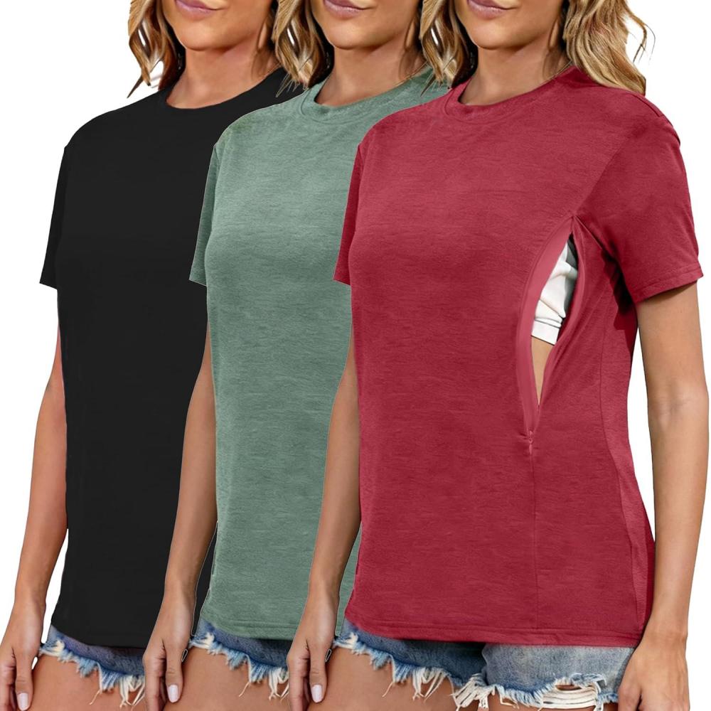 image:imageLove2Mi Lot de 3 ou 4 tshirts dallaitement avec fermeture clair cache ouverture dallaitement court tshirt dallaitement pour femmes enceintesNoirVert ChinBois Rouge