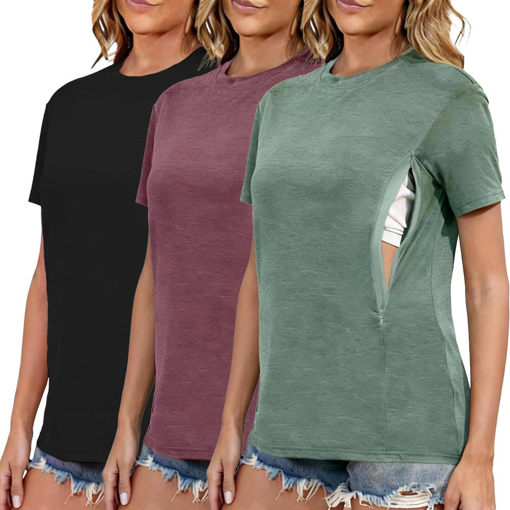 image:imageLove2Mi Lot de 3 ou 4 tshirts dallaitement avec fermeture clair cache ouverture dallaitement court tshirt dallaitement pour femmes enceintesVert ChinRouge VinNoir