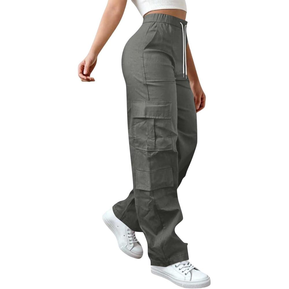 image:imagePantalon Cargo Femme Taille Haute Grande Taille Elastique Pantalons De Randonne Jogging Sport Extrieur Trekking Travail avec Poches Pantalon Militaire Ample Dcontract Baggy Y2K StreetwearZ1dark Gray