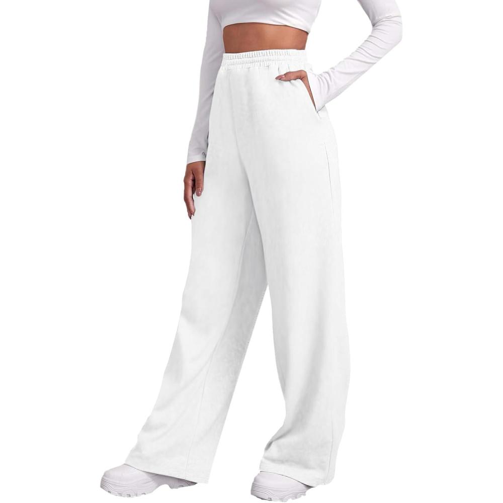 image:imagePantalon de survtement doubl en polaire pour femme Jambe droite Pantalon de jogging Pantalon de yoga taille haute avec poches Pantalon dcontract jambe largeBlancba