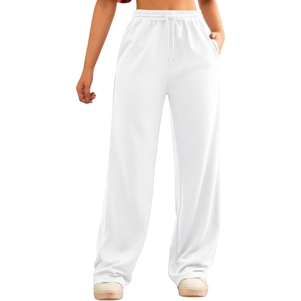 image:imagePantalon de survtement doubl en polaire pour femme Jambe droite Pantalon de jogging Pantalon de yoga taille haute avec poches Pantalon dcontract jambe largeBlance