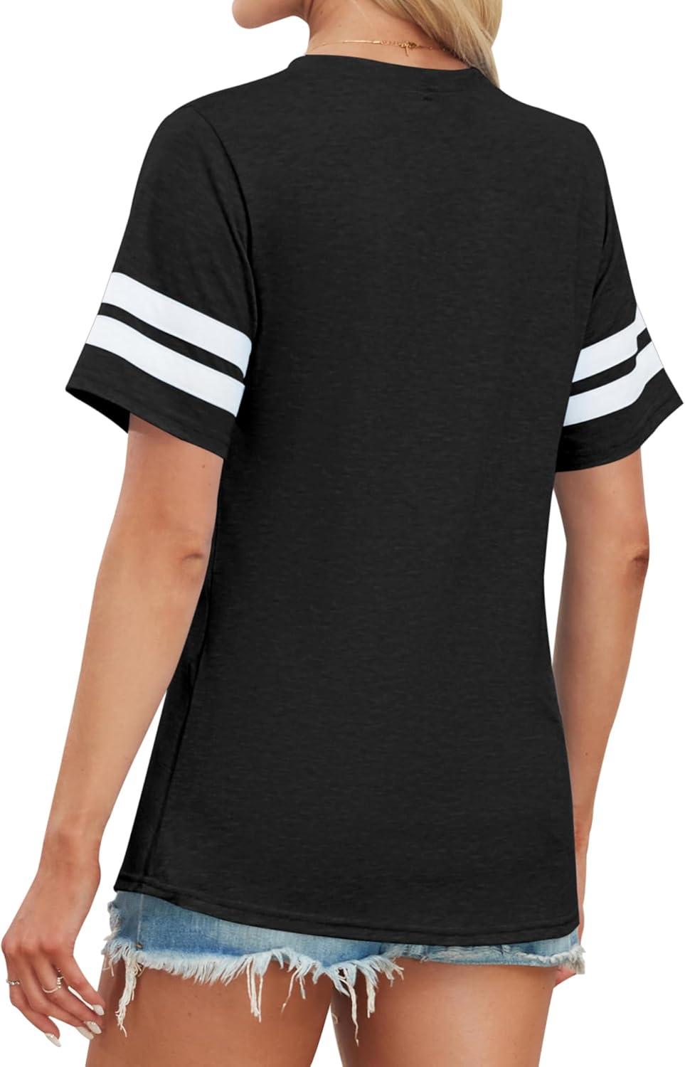 image:imageTShirt Manches Courtes et col en V pour Femme Tunique dcontracte dt Rayures S3XL 3456Noir