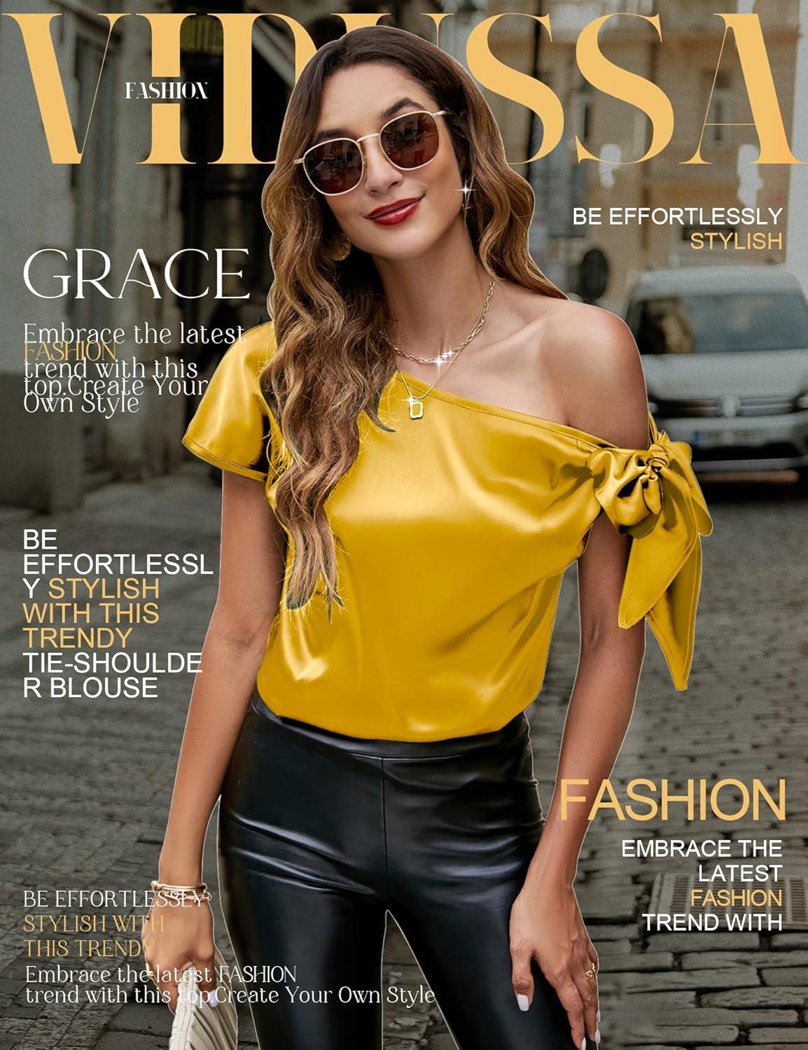 image:imageVIDUSSA Satin Chemisiers Blouses Femme paule dcollete Chemise Chic lgante Casual Soie Shirts Tops HautsJaune