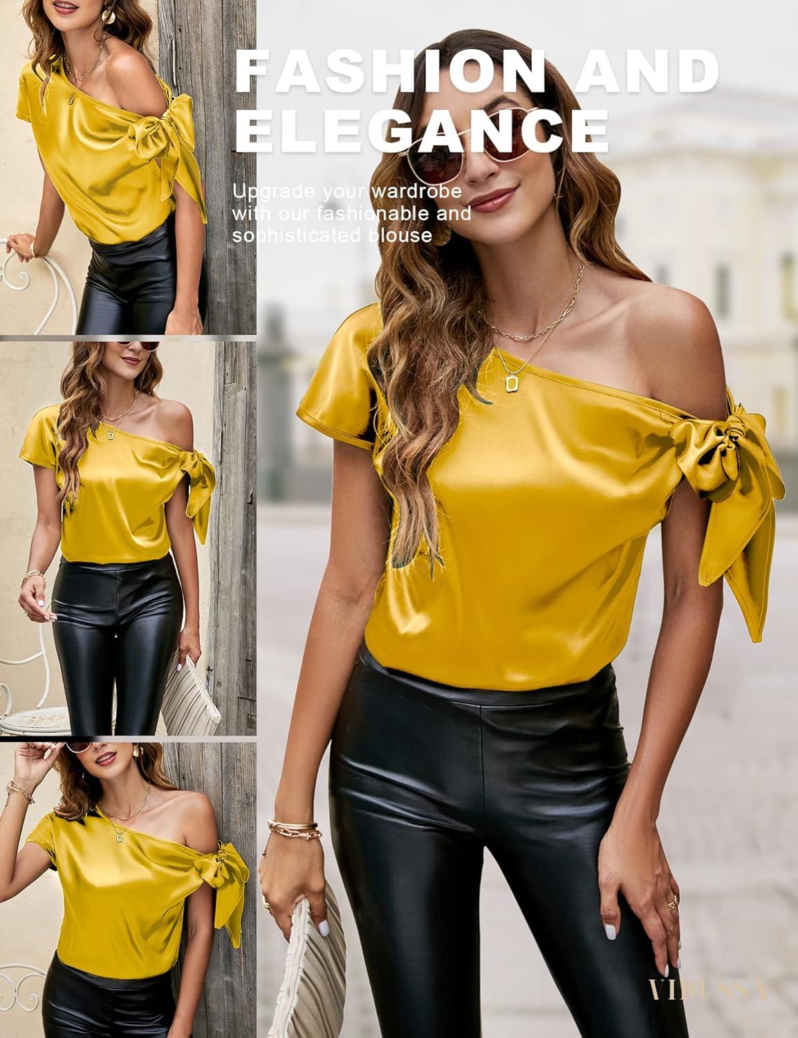 image:imageVIDUSSA Satin Chemisiers Blouses Femme paule dcollete Chemise Chic lgante Casual Soie Shirts Tops HautsJaune