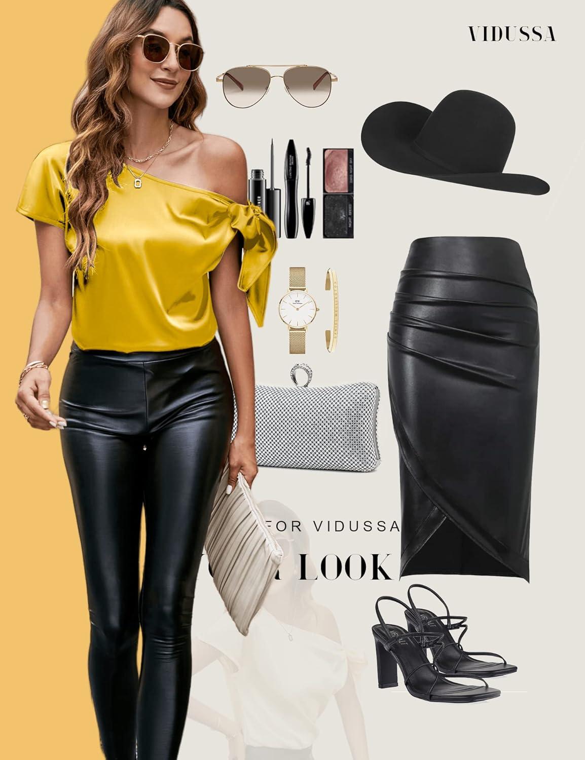 image:imageVIDUSSA Satin Chemisiers Blouses Femme paule dcollete Chemise Chic lgante Casual Soie Shirts Tops HautsJaune