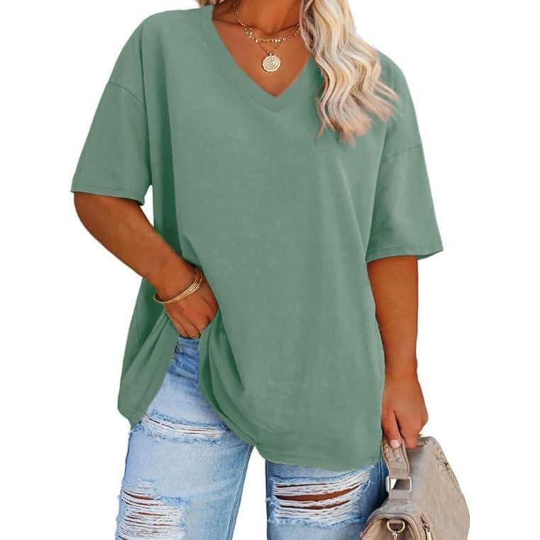 image:imageFisoew Tshirt pour femme  Grandes tailles  Manches courtes  Col en V  Ample  Basique  Oversize  Manches courtes  CotonVert