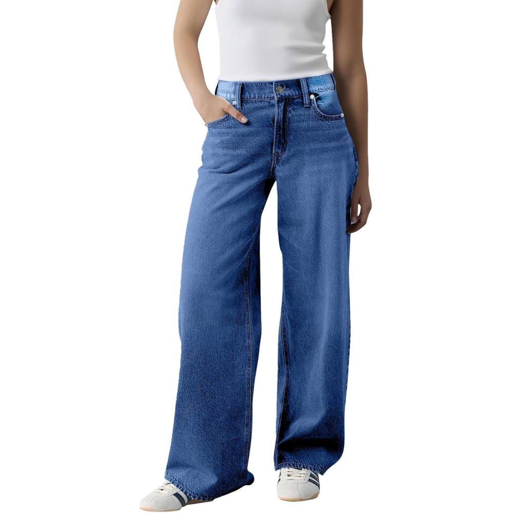 image:imagePantalon en denim bleu pour femmes taille haute lger et ar jeans coupe droite pantalon long avec poches jambe large pour t randonneZ01a