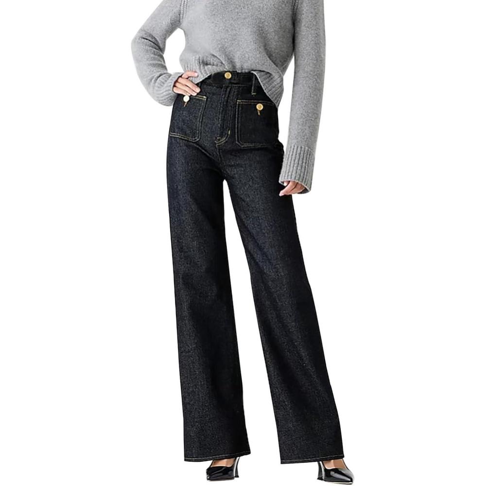 image:imagePantalon en denim bleu pour femmes taille haute lger et ar jeans coupe droite pantalon long avec poches jambe large pour t randonneZ03bk2
