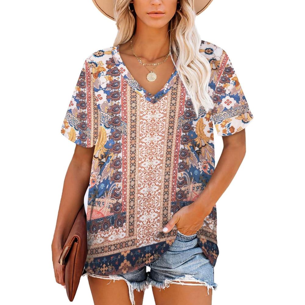 image:imageTShirt Manches Courtes et col en V pour Femme Tunique dcontracte dt Rayures S3XL 3456 Fleurs7