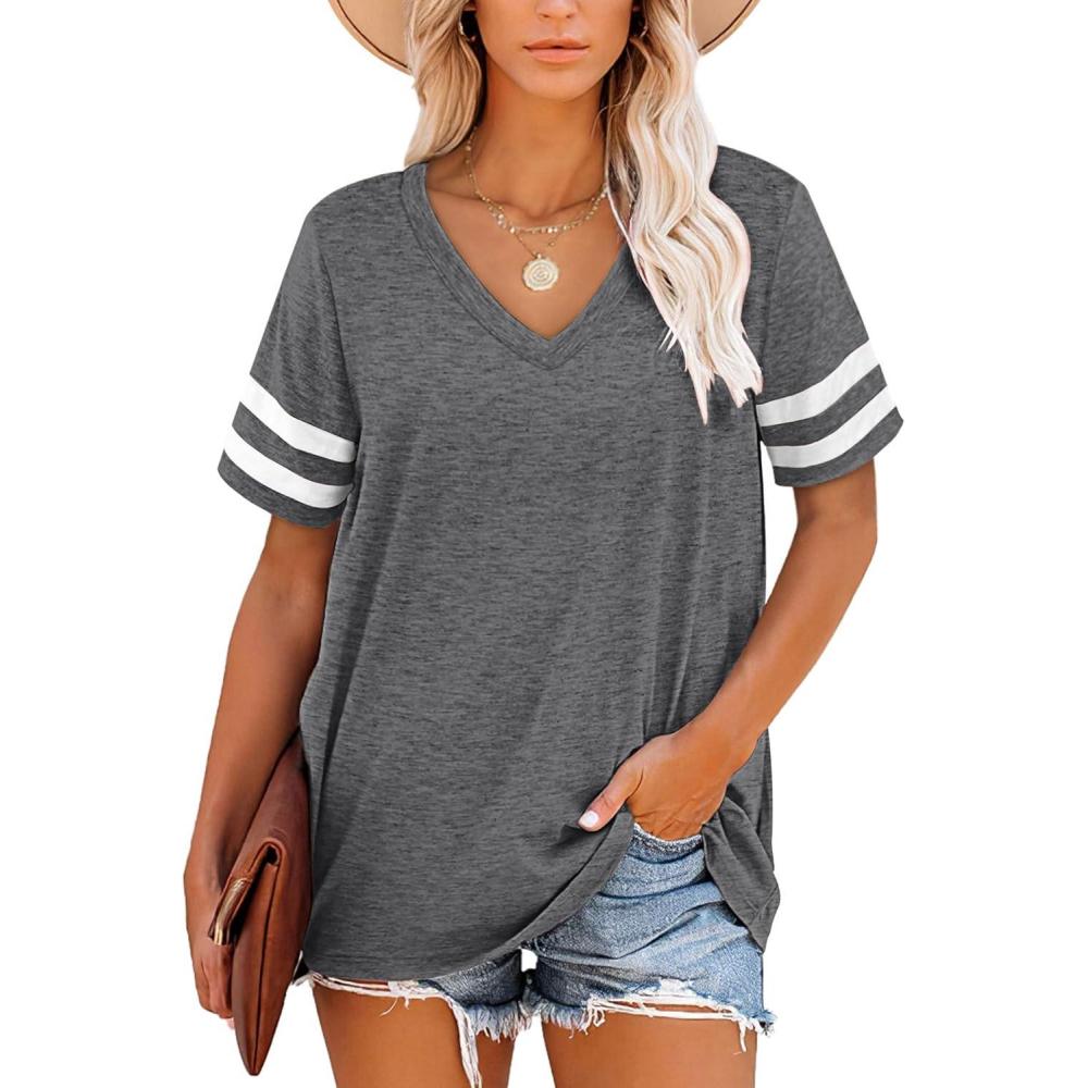 image:imageTShirt Manches Courtes et col en V pour Femme Tunique dcontracte dt Rayures S3XL 3456Gris