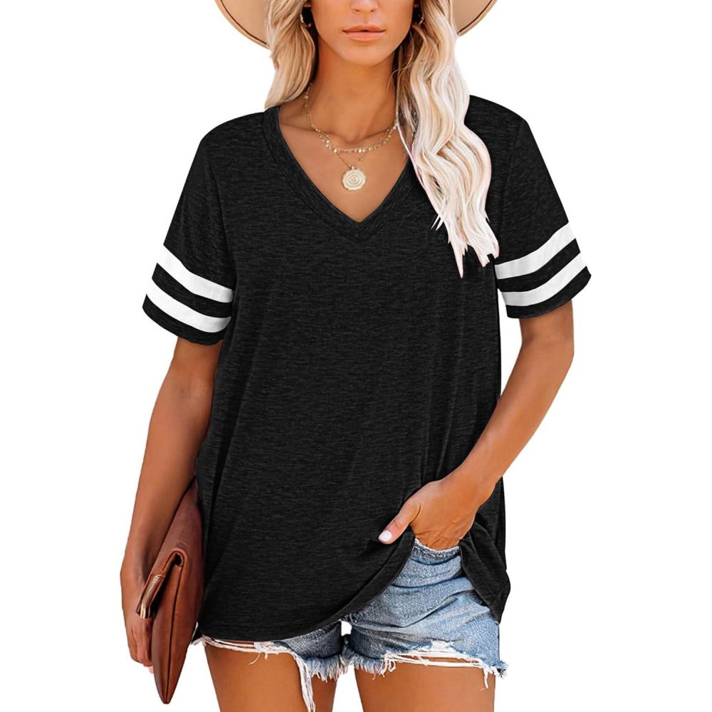 image:imageTShirt Manches Courtes et col en V pour Femme Tunique dcontracte dt Rayures S3XL 3456Noir