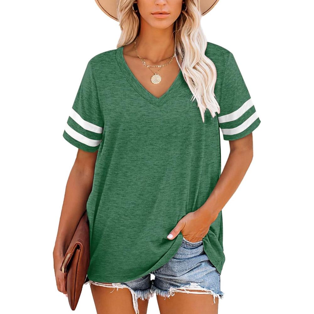 image:imageTShirt Manches Courtes et col en V pour Femme Tunique dcontracte dt Rayures S3XL 3456Vert Fonc