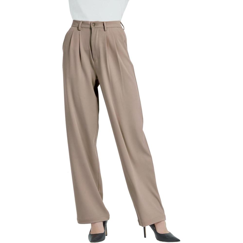 image:imageTronjori Pantalon habill Taille Haute dcontract Jambe Droite pour Femme Pantalon de Travail Pantalon de Costume Pantalon de Costume Ceinture lastique dans Le DosMoka