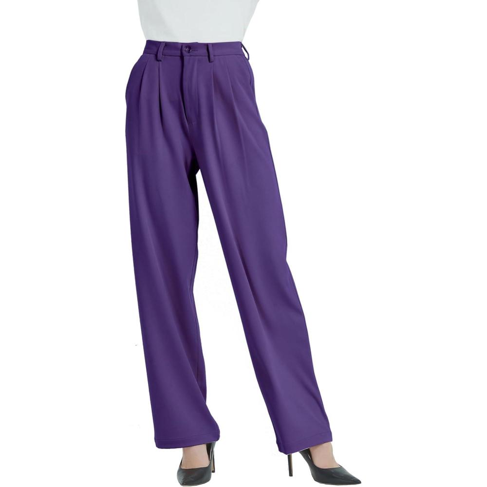 image:imageTronjori Pantalon habill Taille Haute dcontract Jambe Droite pour Femme Pantalon de Travail Pantalon de Costume Pantalon de Costume Ceinture lastique dans Le DosViolet Raisin