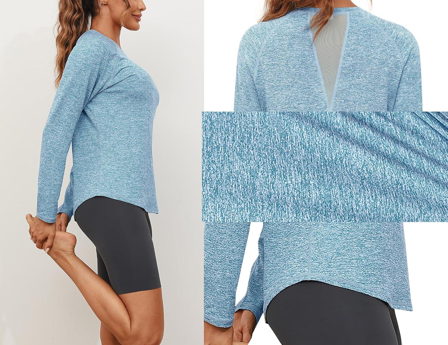 image:imageGyabnw TShirt de Sport Femme Manche Longue Tops et Col Rond Fitness Yoga Tee ShirtBleu