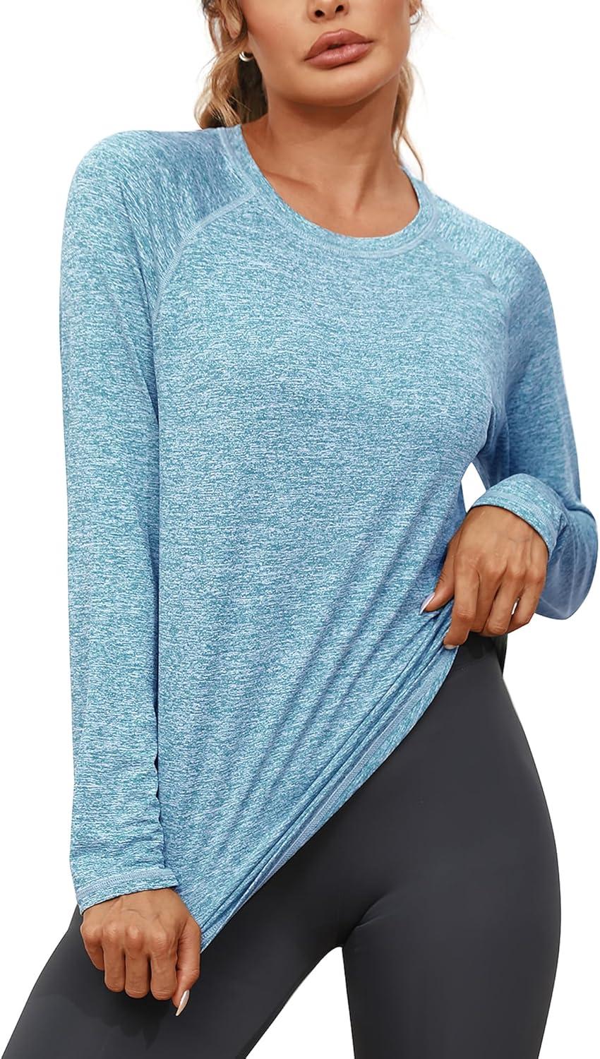 image:imageGyabnw TShirt de Sport Femme Manche Longue Tops et Col Rond Fitness Yoga Tee ShirtBleu