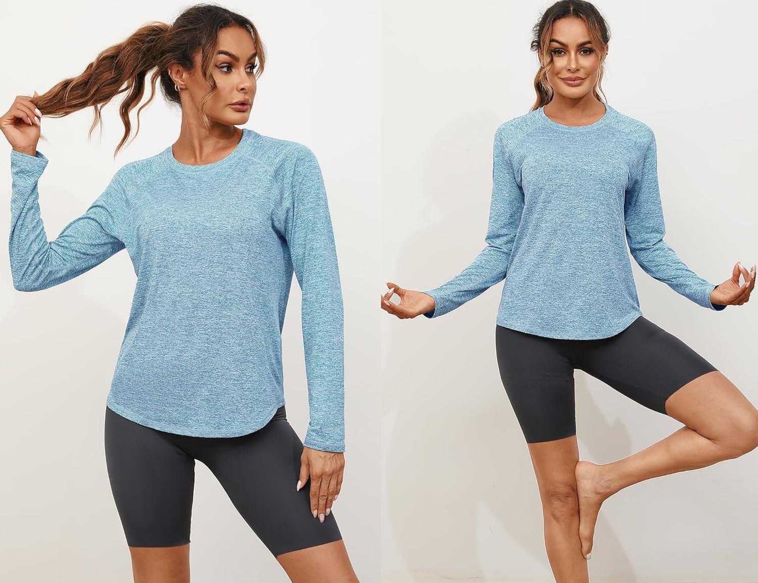 image:imageGyabnw TShirt de Sport Femme Manche Longue Tops et Col Rond Fitness Yoga Tee ShirtBleu