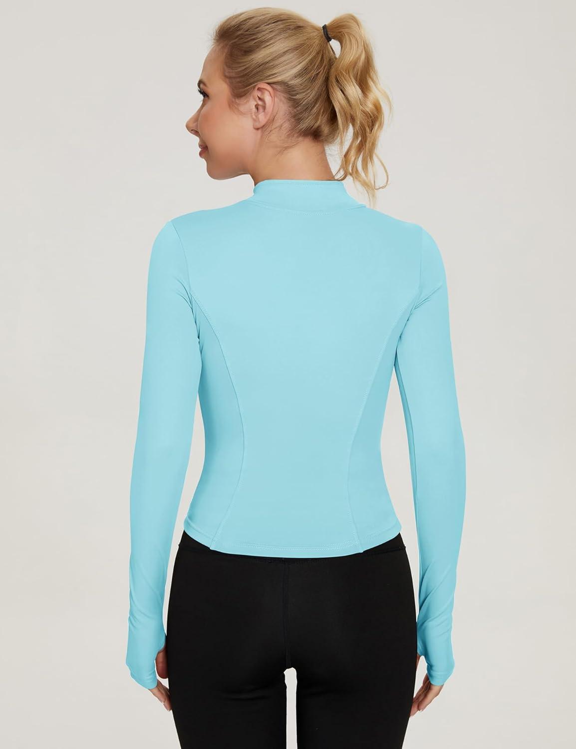 image:imageIECCP TShirts de Sport Femme Manche Longues Tops 12 Fermeture clair Fitness Running Yoga Tee ShirtBleu Clair