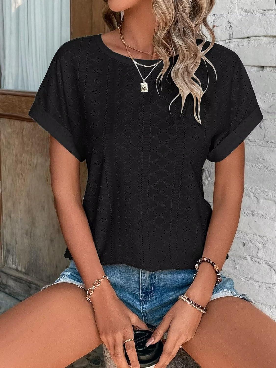 image:imageT Shirt Femme Chemisier Femme Chic Et lgant Broderie Aux Oeillets Col Rond Manches Courtes Tunique ModeNoir