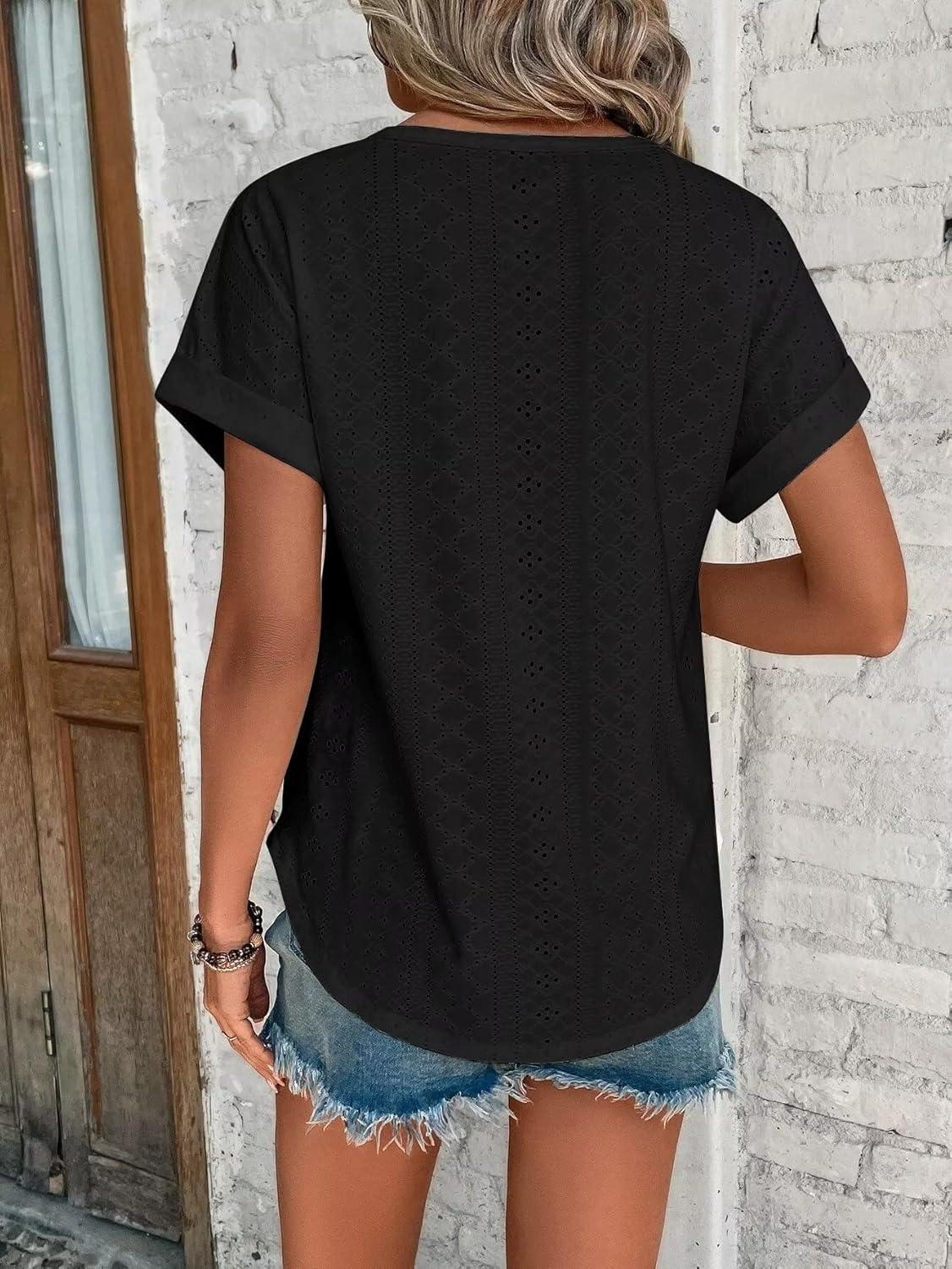 image:imageT Shirt Femme Chemisier Femme Chic Et lgant Broderie Aux Oeillets Col Rond Manches Courtes Tunique ModeNoir