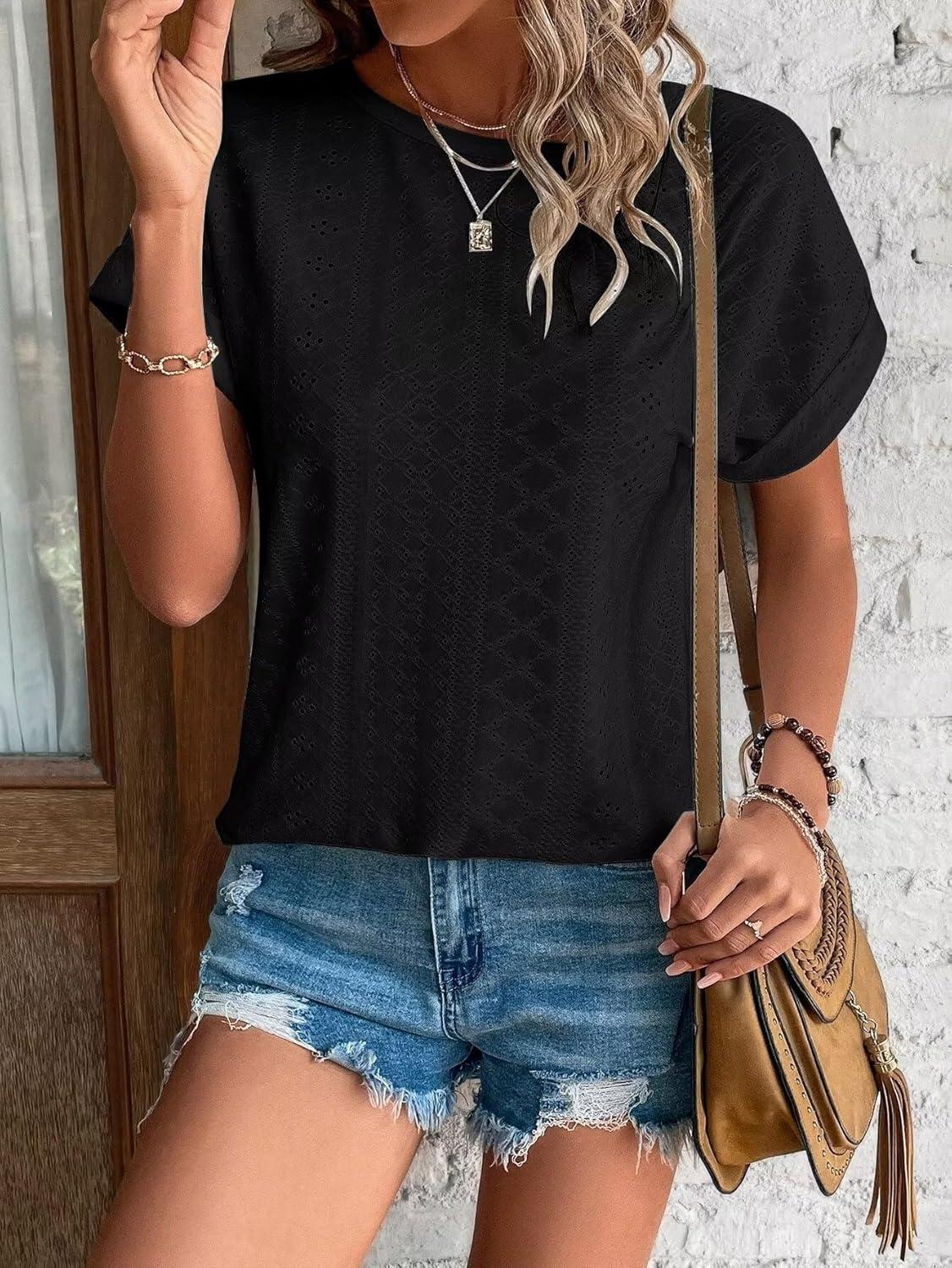 image:imageT Shirt Femme Chemisier Femme Chic Et lgant Broderie Aux Oeillets Col Rond Manches Courtes Tunique ModeNoir