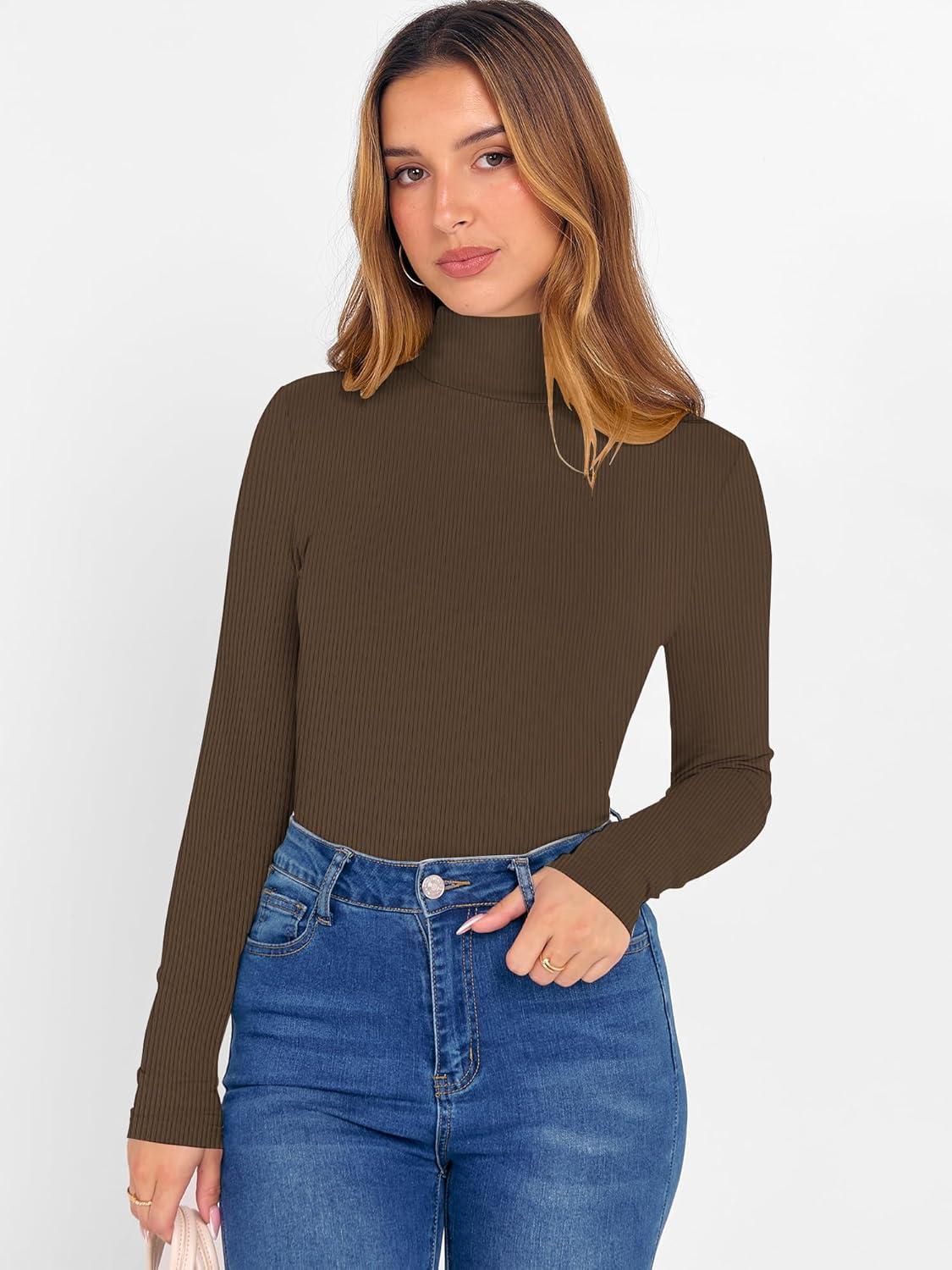 image:imageTee Shirt Manche Longue Femme Elegant Basiques Col Roul Haut Femme Slim Fit Decontracte Automne Hiver T ShirtBrun