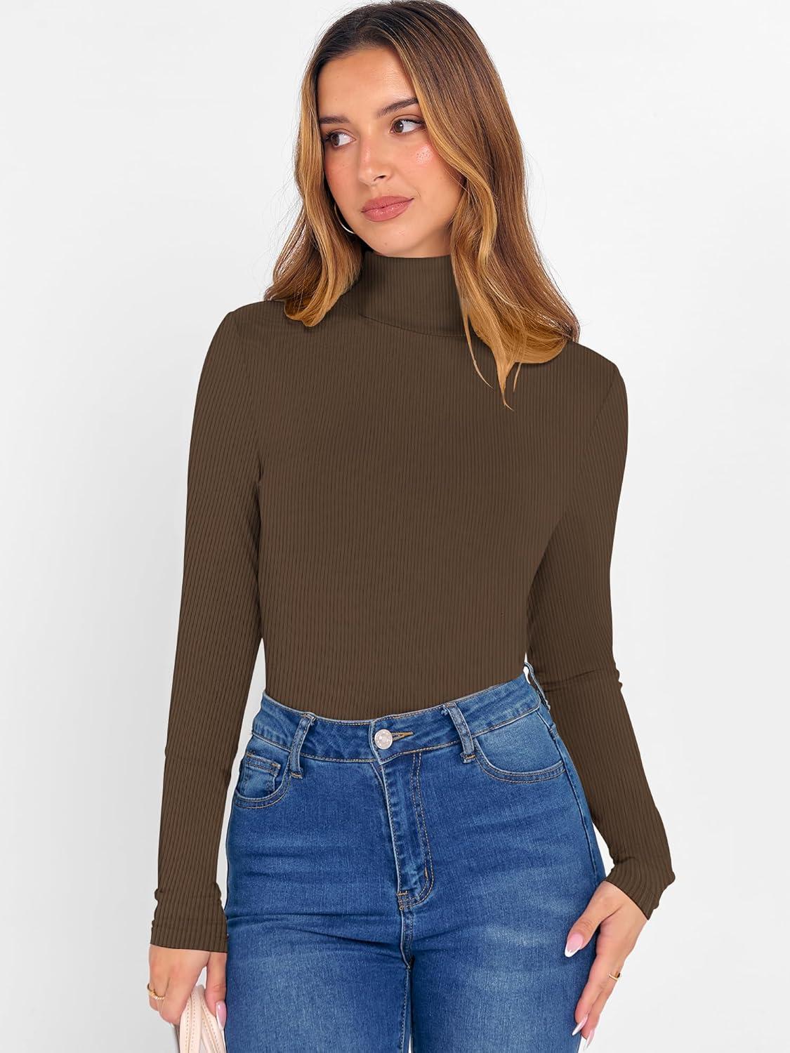 image:imageTee Shirt Manche Longue Femme Elegant Basiques Col Roul Haut Femme Slim Fit Decontracte Automne Hiver T ShirtBrun