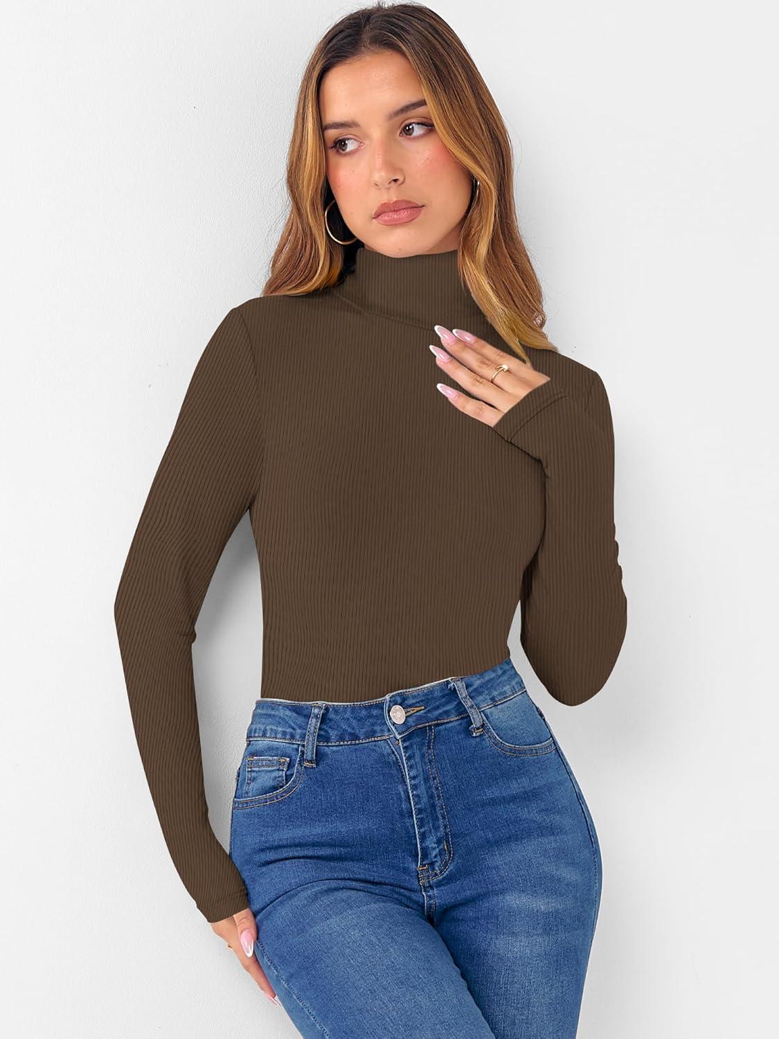 image:imageTee Shirt Manche Longue Femme Elegant Basiques Col Roul Haut Femme Slim Fit Decontracte Automne Hiver T ShirtBrun