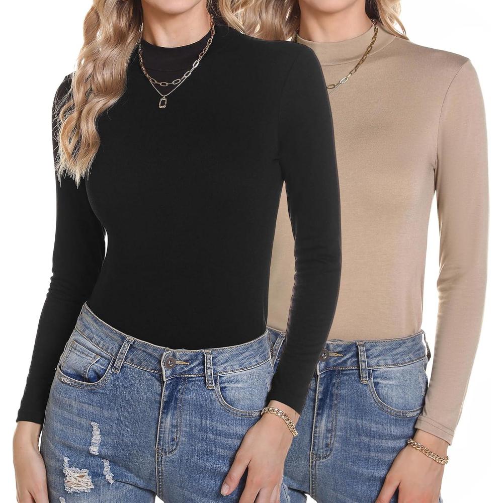 image:image2pcs Haut Thermique Femme col Roul Polaire Chauds sous Vetement Thermique Coton Maillot de Corps  Manches Longues sousVtements Thermiques Pull TShirt Hiver AutomneNoir  Kaki