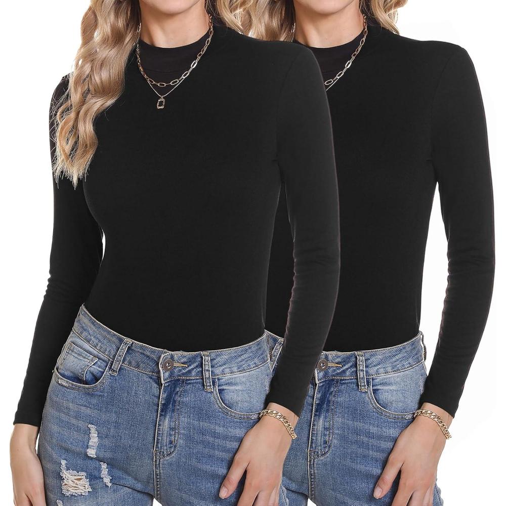 image:image2pcs Haut Thermique Femme col Roul Polaire Chauds sous Vetement Thermique Coton Maillot de Corps  Manches Longues sousVtements Thermiques Pull TShirt Hiver AutomneNoir  Noir