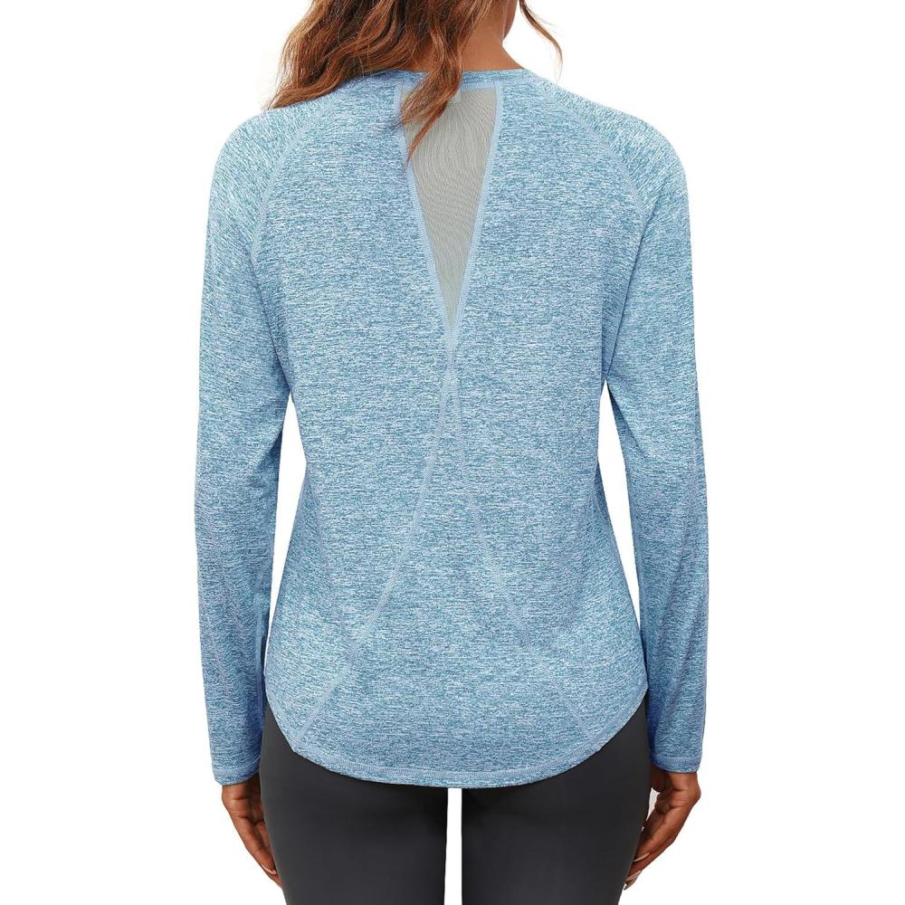 image:imageGyabnw TShirt de Sport Femme Manche Longue Tops et Col Rond Fitness Yoga Tee ShirtBleu