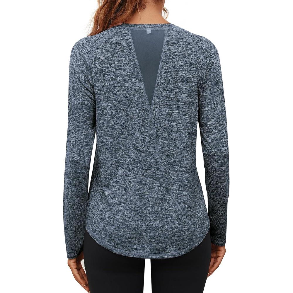 image:imageGyabnw TShirt de Sport Femme Manche Longue Tops et Col Rond Fitness Yoga Tee ShirtBleu Marine