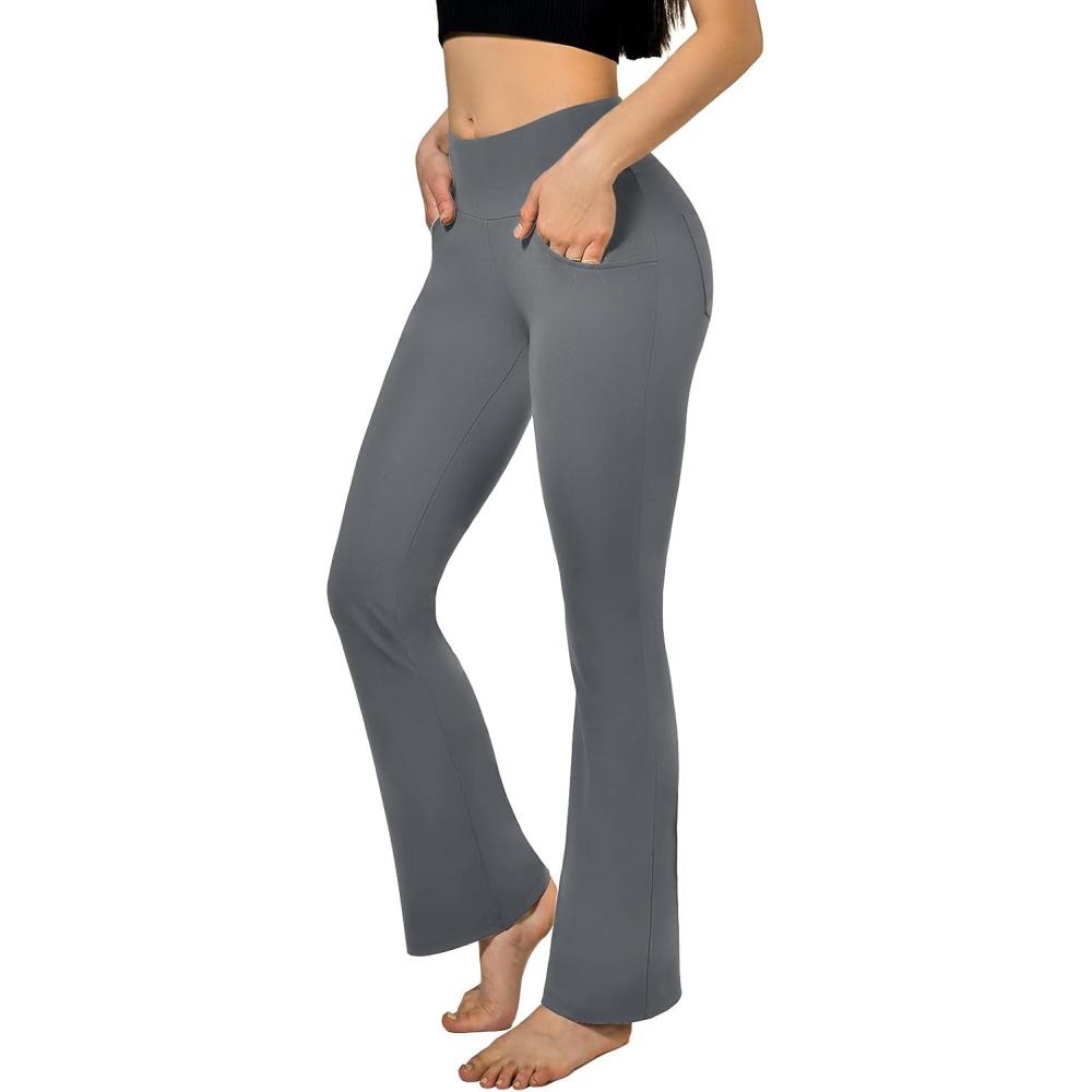 image:imageSINOPHANT Pantalon de Yoga Boocut avec 4 Poches pour Femme Taille Haute Opaque Yoga PantsConvient pour Le Pilates Le Sport Le Fitness Les Loisirs Le TravaillerGris
