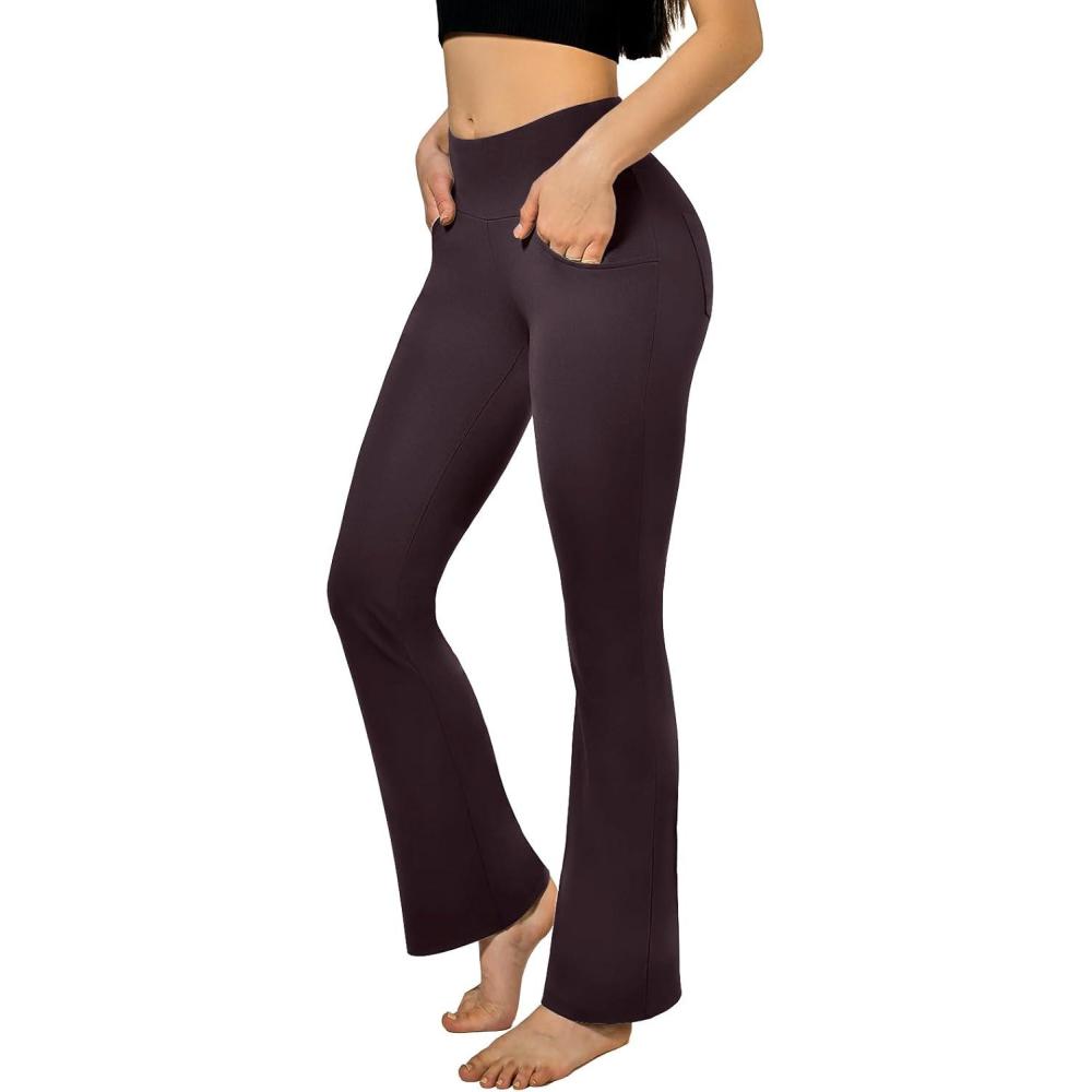 image:imageSINOPHANT Pantalon de Yoga Boocut avec 4 Poches pour Femme Taille Haute Opaque Yoga PantsConvient pour Le Pilates Le Sport Le Fitness Les Loisirs Le TravaillerBrun