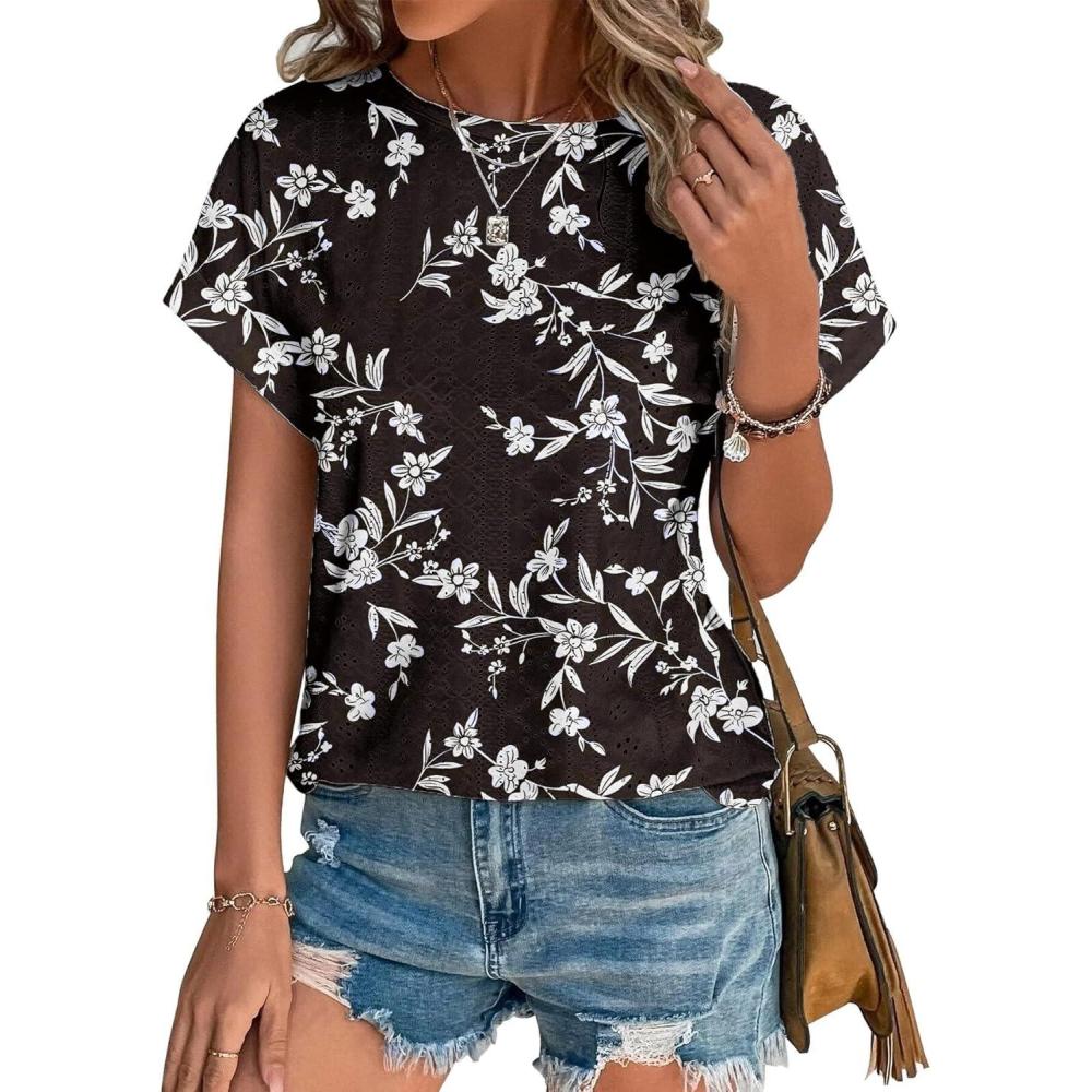 image:imageT Shirt Femme Chemisier Femme Chic Et lgant Broderie Aux Oeillets Col Rond Manches Courtes Tunique ModeFeuilles Noires
