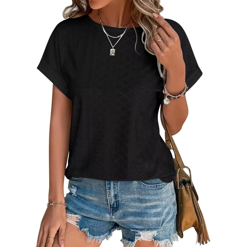 image:imageT Shirt Femme Chemisier Femme Chic Et lgant Broderie Aux Oeillets Col Rond Manches Courtes Tunique ModeNoir