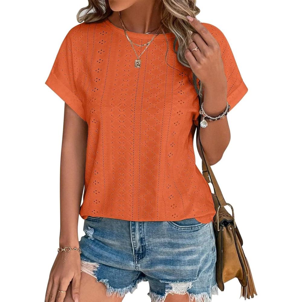 image:imageT Shirt Femme Chemisier Femme Chic Et lgant Broderie Aux Oeillets Col Rond Manches Courtes Tunique ModeOrange