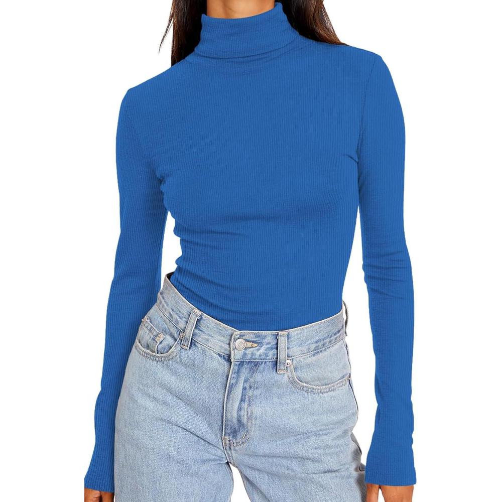image:imageTee Shirt Manche Longue Femme Elegant Basiques Col Roul Haut Femme Slim Fit Decontracte Automne Hiver T ShirtDeep Blue