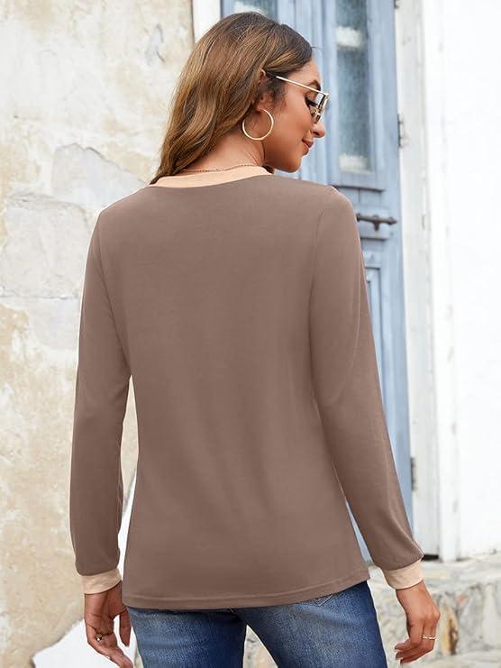 image:imageFisoew Tshirt manches longues dcontract pour femme Col en V Bloc de couleurs Manches longues Tunique basiqueKaki Fonc