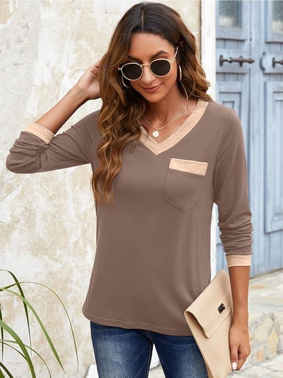 image:imageFisoew Tshirt manches longues dcontract pour femme Col en V Bloc de couleurs Manches longues Tunique basiqueKaki Fonc