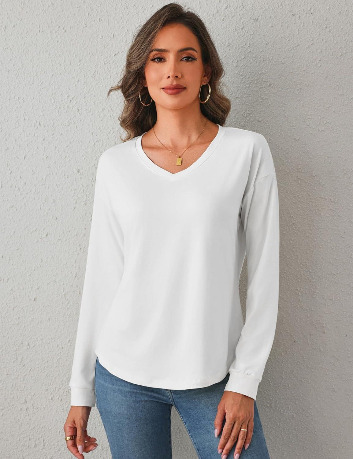 image:imageT Shirt Femme Manches Longues Col Rond V Haut Dcontract Chic Basique Top Tshirt Tendance Automne HiverBlanc1