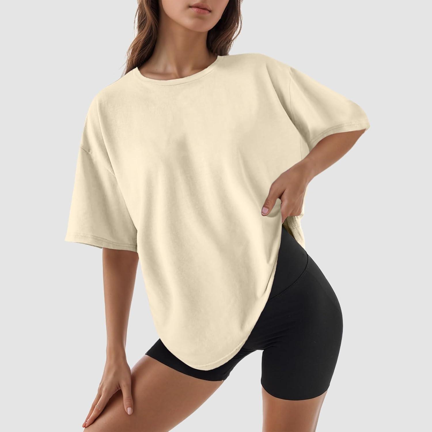image:imageTShirt Ample Surdimensionn Manches Courtes pour Femme Tee Shirt Sport Fitness Coton Grande Taille Col Rond T Shirt Femme Oversize Trs Large Sport Dcontract Couleur Unie Top Ete1beige