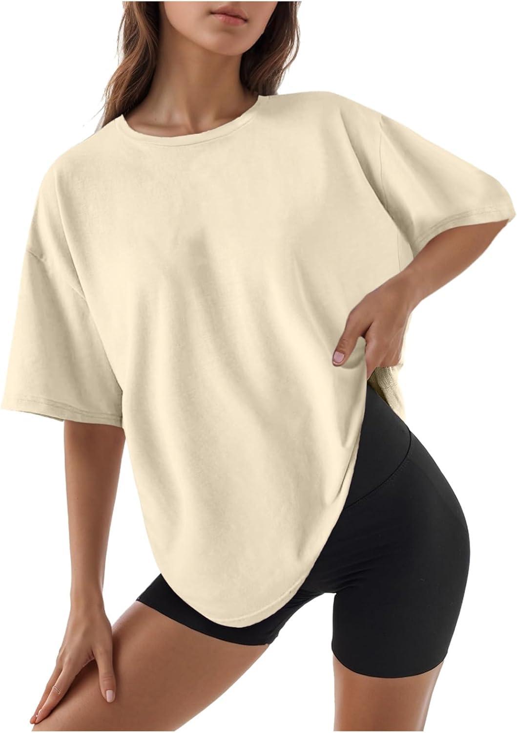 image:imageTShirt Ample Surdimensionn Manches Courtes pour Femme Tee Shirt Sport Fitness Coton Grande Taille Col Rond T Shirt Femme Oversize Trs Large Sport Dcontract Couleur Unie Top Ete1beige
