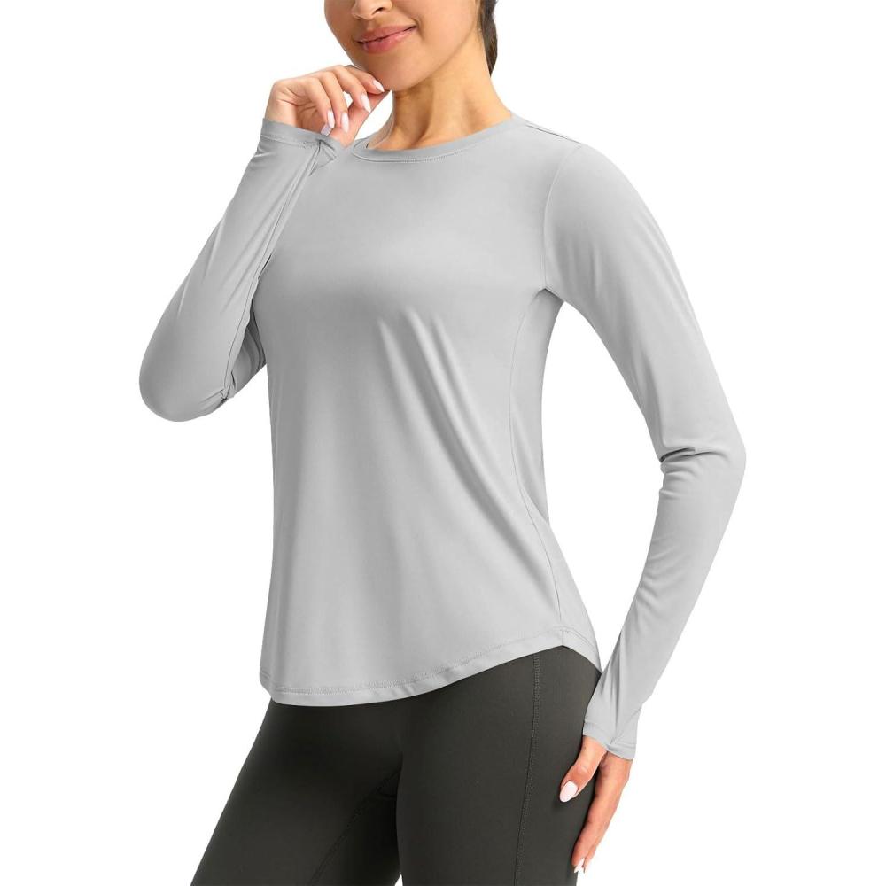 image:imageChemise Anti UV Femme TShirt De Protection Solaire Haut De Course Respirant Manches Longues TShirt Pour Femmes Protection UV Sport Sun Haut Lger Manche Longue Avec Trous Pour Les PoucesA1 Gris