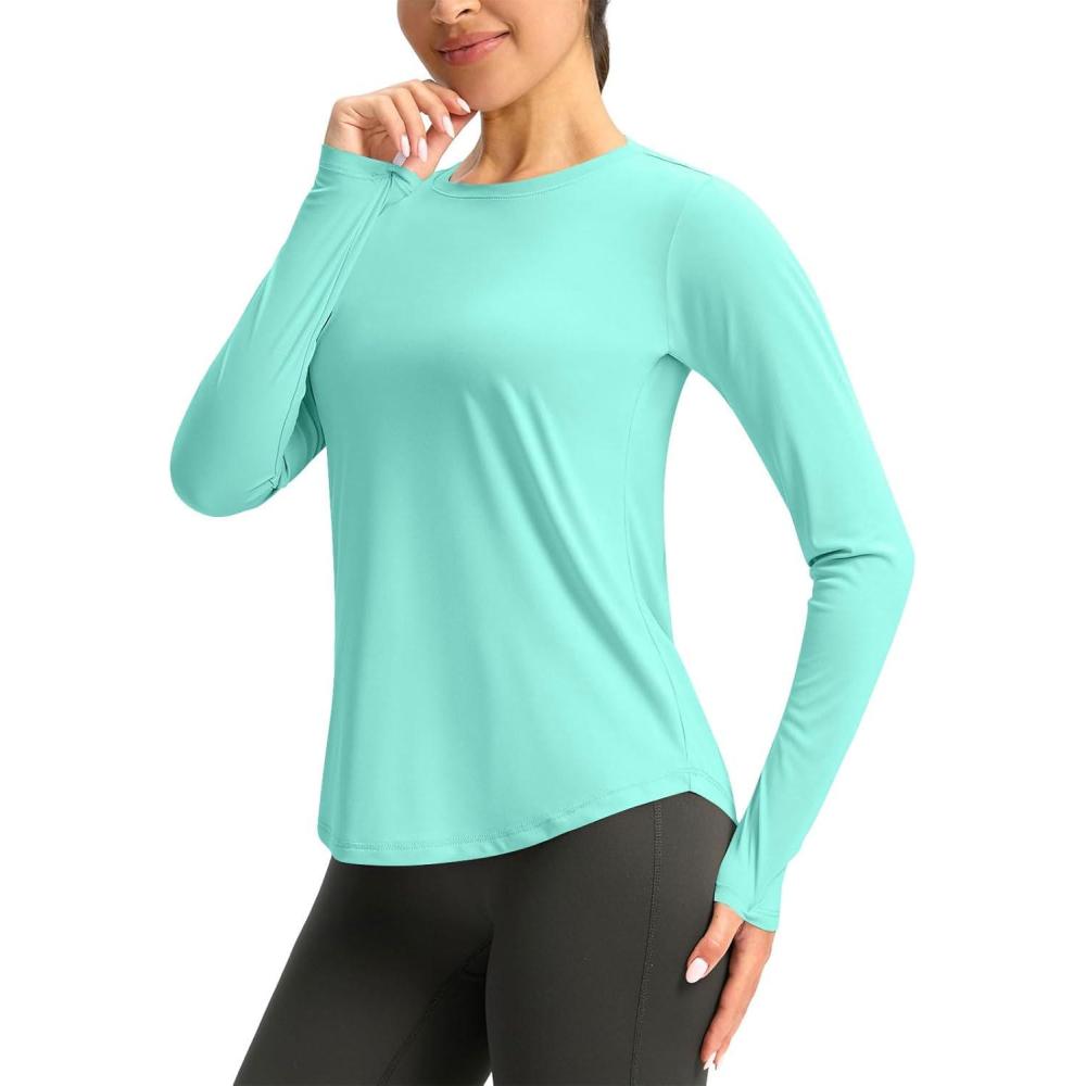image:imageChemise Anti UV Femme TShirt De Protection Solaire Haut De Course Respirant Manches Longues TShirt Pour Femmes Protection UV Sport Sun Haut Lger Manche Longue Avec Trous Pour Les PoucesA1 Menthe verte
