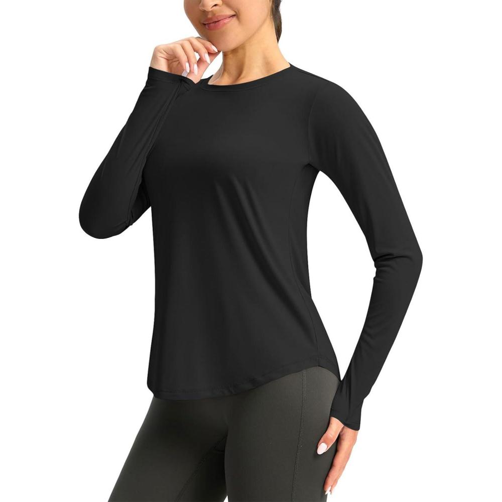 image:imageChemise Anti UV Femme TShirt De Protection Solaire Haut De Course Respirant Manches Longues TShirt Pour Femmes Protection UV Sport Sun Haut Lger Manche Longue Avec Trous Pour Les PoucesA1 Le noir