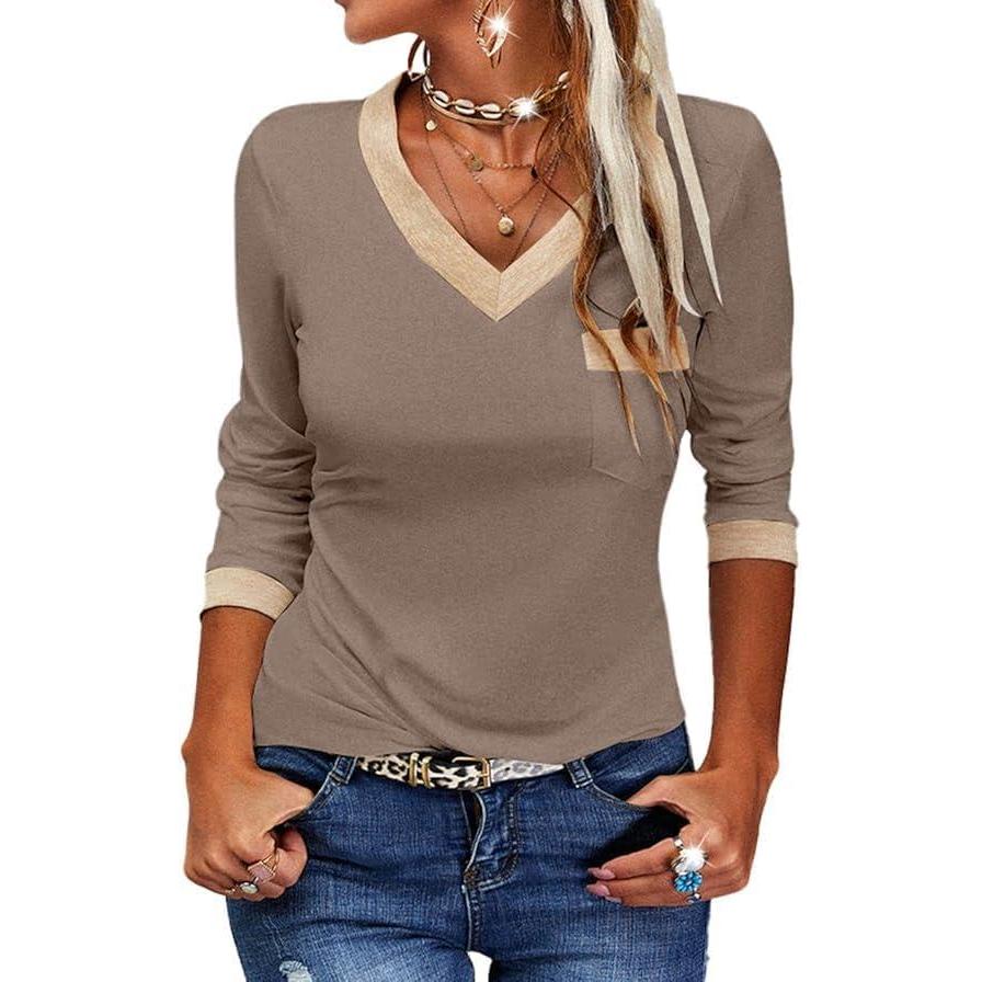 image:imageFisoew Tshirt manches longues dcontract pour femme Col en V Bloc de couleurs Manches longues Tunique basiqueKaki Fonc