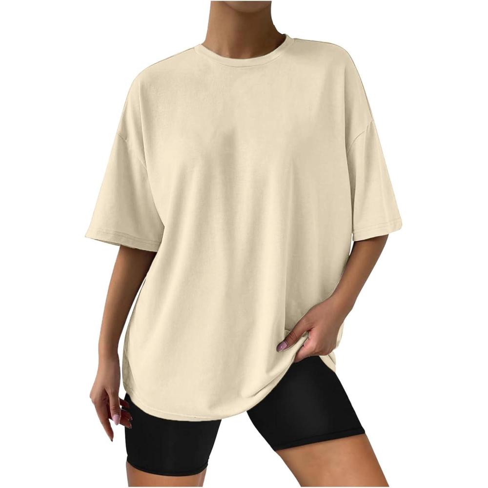 image:imageTShirt Ample Surdimensionn Manches Courtes pour Femme Tee Shirt Sport Fitness Coton Grande Taille Col Rond T Shirt Femme Oversize Trs Large Sport Dcontract Couleur Unie Top Ete1beige