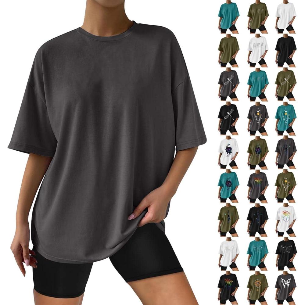 image:imageTShirt Ample Surdimensionn Manches Courtes pour Femme Tee Shirt Sport Fitness Coton Grande Taille Col Rond T Shirt Femme Oversize Trs Large Sport Dcontract Couleur Unie Top Ete1gris