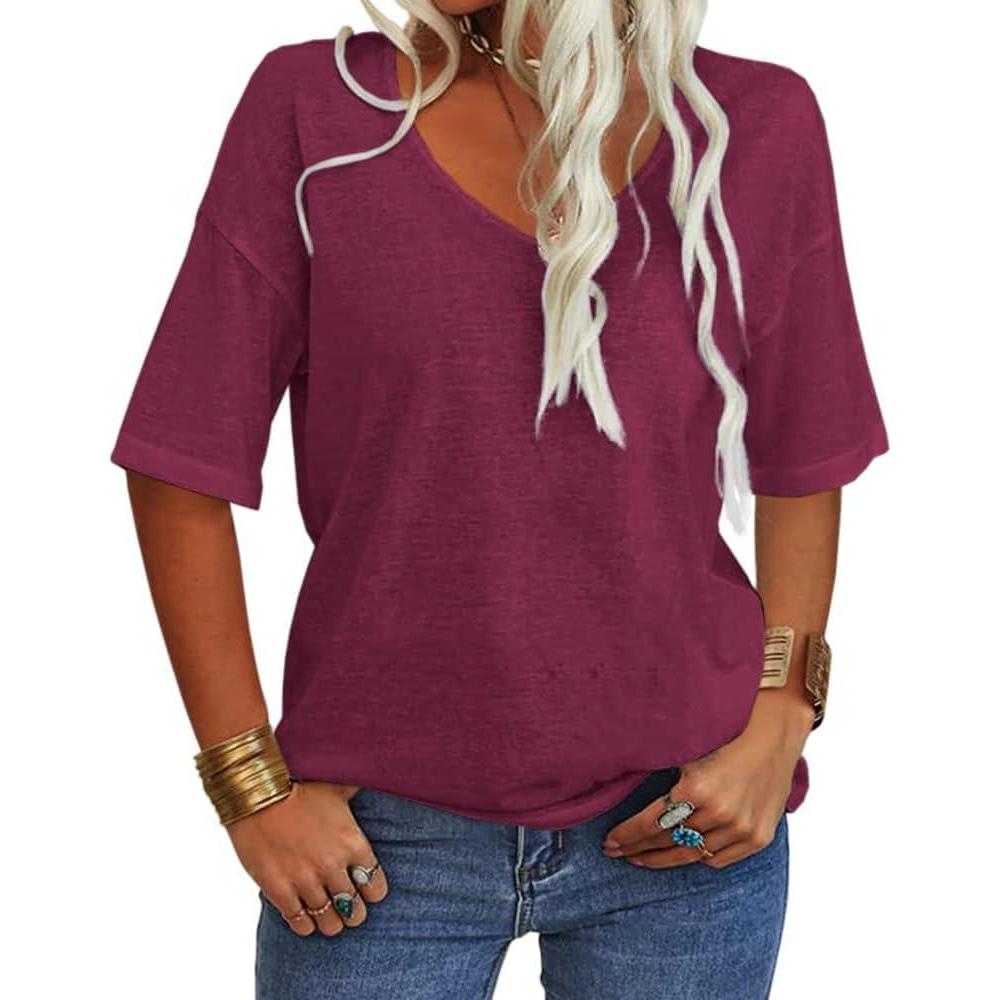 image:imageTankaneo Tshirt dt ample manches courtes et col en V pour femmeAmaranth
